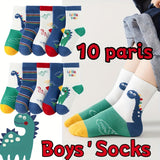 10 Pairs Of Boy's Adorable Cartoon Dinosaur Pattern Crew Socks, Comfy Breathable Casual Soft Socks For Kids Outdoor Activities