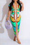 namcoverse Tribal Print Feminine Draped High Split Midi Dress