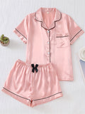 Womens Solid Satin Pajamas Set - Luxurious Short Sleeve Button Top & Bow Shorts - Soft Sleepwear & Loungewear for Stylish Nighttime Elegance, Summer Ready