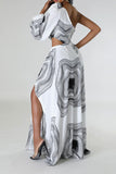 namcoverse 3D Flower Decor Ripple Print Modern Asymmetric Maxi Dress