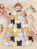 Adorable Cartoon Cat Sleeveless Tunic Dress for Girls - Soft Polyester Knit Fabric, Geometric Pattern, Regular Fit, Slight Stretch, Perfect for Summer Holidays