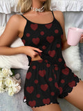 Womens Casual Heart Print Pajama Set - Soft Micro Elastic Polyester Fabric, Crew Neck Backless Cami Top, Elastic Shorts, Frill Details, Machine Washable, Flame Resistant, All-Season Sleepwear & Loungewear