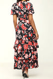 namcoverse Floral Print Glamorous Belted Tiered Midi Dress