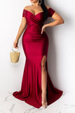 namcoverse Solid Color Off Shoulder Luxe Split Fishtail Maxi Dress