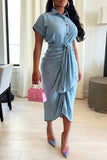 namcoverse Solid Color Single Breasted On-trend Tie Front Ruched Denim Midi Dress