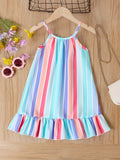 Vibrant Girls Rainbow Striped Sleeveless Ruffle Hem Halter Short Dress - Perfect Party Beach Wear for Summer - Fun, Flirty, and Feminine Design