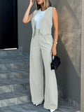 Timeless Elegance: Chic Button Vest & Wide-Leg Pants - Women's Solid Two-Piece Set, Durable & Easy-Care for All Seasons