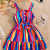 Girls' Colorful Striped Sleeveless Dress with Belt, Summer Irregular Patchwork Sundress, Romantic Style for Kids