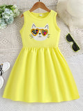 Adorable Toddler Girls Sleeveless Flared Dress with Charming Cartoon Cat Prints - Sun-Ready Summer Style for Little Fashionistas