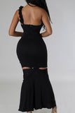 namcoverse Solid Color One Shoulder Flattering Cutout Ruched Fishtail Maxi Dress