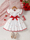 Adorable Girls Strawberry Pattern Sleeveless Doll Collar Ruffle Hem Dress with Belt - Casual Summer Outfit for Machine Washable Woven Fabric - Easy Care and Regular Fit