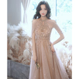 Champagne evening dress fairy bridesmaid dress 2025 spring new banquet temperament host heavy industry long dress