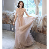 Champagne evening dress fairy bridesmaid dress 2025 spring new banquet temperament host heavy industry long dress