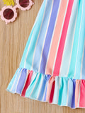 Vibrant Girls Rainbow Striped Sleeveless Ruffle Hem Halter Short Dress - Perfect Party Beach Wear for Summer - Fun, Flirty, and Feminine Design