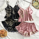 2 Sets Luxurious Floral Print Satin Pajama Set - Elegant V Neck & Backless Crop Cami Top with Flirty Ruffle Hem Shorts - Feminine Womens Sleepwear for Dreamy Nights