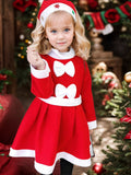 Regular Fit Girls' Christmas Dress Set with Polyester Non-Stretch Striped Fabric, Santa Hat, Woven Party Outfit for Kids