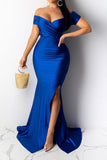 namcoverse Solid Color Off Shoulder Luxe Split Fishtail Maxi Dress