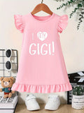 Cotton Girls Summer Cartoon Dress - Adorable Ruffle Sleeve, Loose Fit, Machine Washable, Knit Fabric, Versatile Round Neck, Cute I Love My GIGI Print - Perfect for Casual Outings