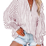 Plus Size Striped Print Lantern Sleeve Lapel Collar Tunic Shirt - Soft Slight Stretch Fabric, Semi-Sheer, Pocket Detail, Casual Style for Spring and Fall - Polyester Woven Shirting with Random Printing