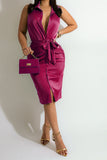 namcoverse Solid Color Elegant Single Breasted Midi Dress (With Belt)