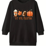 TIS THE SEASON Print Pumpkin Graphic Crew Neck Dress Girls Comfy Dresses For Autumn