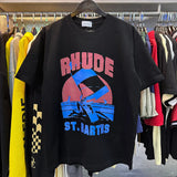 Top Craftsmanship Rhude Mens T Shirts summer Fashion designer tshirts Street Casual Short Sleeve Beach Style tees Cotton Printing Shirt 23SSS A124