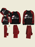 "Believe" Letter Print Black Top And Black And Red Plaid Pants Family Matching Pjs Set, for Outdoor