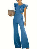 Women's Casual Flare Jeans Jumpsuit With Ruffle Sleeves, Full-Length Plain Backless Denim Overalls Dungarees