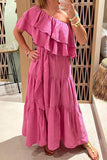 namcoverse Solid Color Feminine Lace-Up Tiered Ruffle Maxi Dress