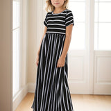 Girls Striped Maxi Dress - Short Sleeve, Loose & Comfortable - Versatile Casual Style for Everyday Wear