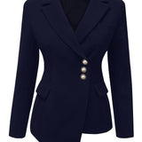 Solid Color Open Front Blazer, Casual Lapel Neck Button Long Sleeve Asymmetrical Hem Blazer For Every Day, Women's Clothing