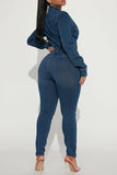 namcoverse Solid Color Feminine Drawstring Bodycon Denim Jumpsuit