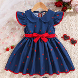 Adorable Girls Strawberry Pattern Sleeveless Doll Collar Ruffle Hem Dress with Belt - Casual Summer Outfit for Machine Washable Woven Fabric - Easy Care and Regular Fit