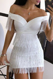 namcoverse Solid Color Off Shoulder Sweet Layered Tassels Mini Dress