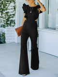 Women's Casual Flare Jeans Jumpsuit With Ruffle Sleeves, Full-Length Plain Backless Denim Overalls Dungarees