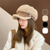 Winter Fashion Knit Polyester Cap for Women - 100% Polyester Warm Thick Soft Fleece-Like Eight-Panel Cap, Fashionable Casual All-Match Cap with Leather Logo Patch, Wind-Resistant Duckbill Hat Without Feathers