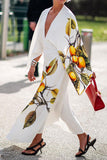 namcoverse Lemon Print Plunging Unique Cape Sleeve Midi Dress