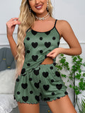 Womens Casual Heart Print Pajama Set - Soft Micro Elastic Polyester Fabric, Crew Neck Backless Cami Top, Elastic Shorts, Frill Details, Machine Washable, Flame Resistant, All-Season Sleepwear & Loungewear