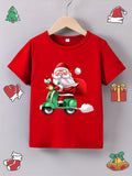 [Customer Favorite] Boys' Summer Skateboard Santa Print T-Shirt - Casual, Comfy Polyester Blend, Round Neck, Non-Transparent - Perfect for Christmas