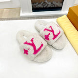 Wool integrated women slippers with soft plush open toe fur slippers fuzzy and fluffy home shoes indoor outdoor slippers