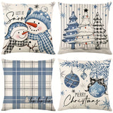 Set of 4 Throw Pillow Covers, Contemporary Style, Winter Snowflake & Christmas Tree Designs, Zippered Polyester Cushion Cases, Machine Washable, Decorative Woven Pillowcases for Living Room Sofa and Home Decor, 17.72x17.72inch - Blue & Plaid Pattern