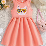 Adorable Toddler Girls Sleeveless Flared Dress with Charming Cartoon Cat Prints - Sun-Ready Summer Style for Little Fashionistas