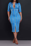 namcoverse Imitation Denim Print On-trend Pocket Button Midi Dress