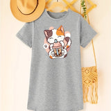 Kitten Print Girls Short Sleeve T-Shirt Dress - Soft, Breathable, Comfy, Slight Stretch Polyester Fabric - Cute, Stylish, Perfect for Spring/Summer, Gift Idea for Little Girls