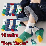 10 Pairs Of Boy's Adorable Cartoon Dinosaur Pattern Crew Socks, Comfy Breathable Casual Soft Socks For Kids Outdoor Activities