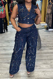 namcoverse Splash Ink Print Cozy Multi Pocket Denim Pant Suit