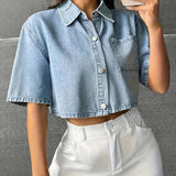 Women's Plain Cropped Drop Shoulder Denim Shirt, Elegant Style With Chest Pocket, Casual Chic Summer Wear