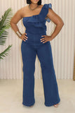 namcoverse Solid Color Denim Rocking Ruffles One Shoulder Jumpsuit