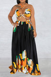 namcoverse Graffiti Print Tropical Strappy Cutout Open Back Maxi Dress