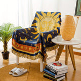 1pc Celestial Moon and Sun Throw Blanket - Soft and Stylish Sofa Cover for Hippie Room Decor - Cotton Woven Blanket for Bed and Couch - Yellow and Blue Design Ramadan